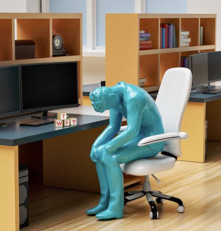 A human figure slumping in defeat in an office chair as a metaphorical expression of discontent with the problems with academic presses.